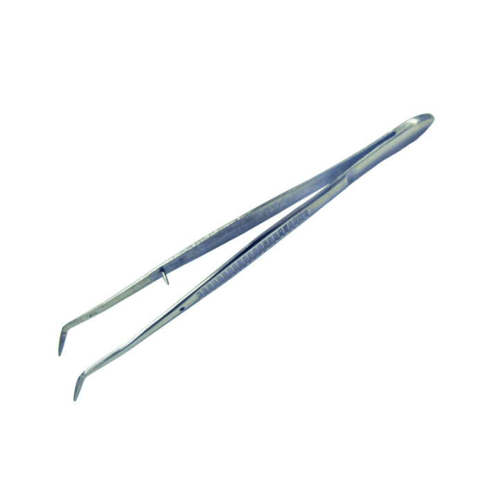 160mm Forceps, Serrated. Curved fine tip. With guide pin. Stainless Steel