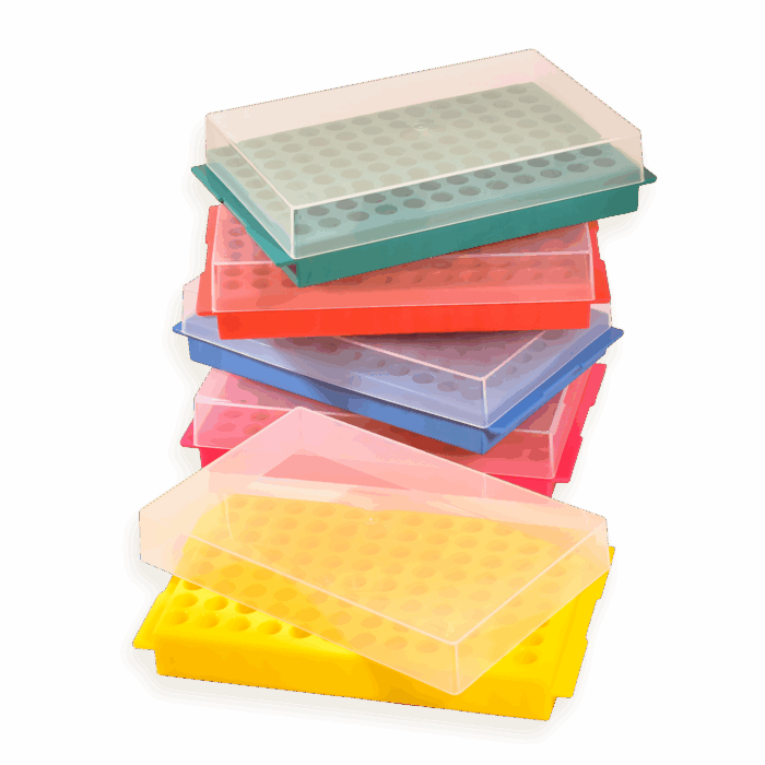 96 Place Reversible Rack for 0.5-2.0ml Tubes With lid. PP. Assorted colours