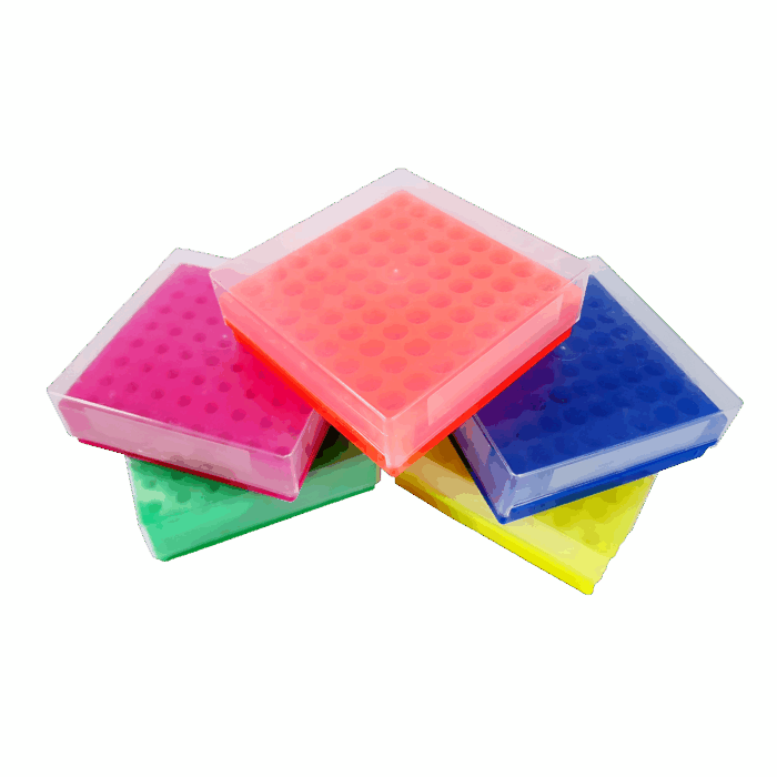 64 Place Reversible Rack for 0.5-2.0ml TubesWith lid. PP. Assorted colours
