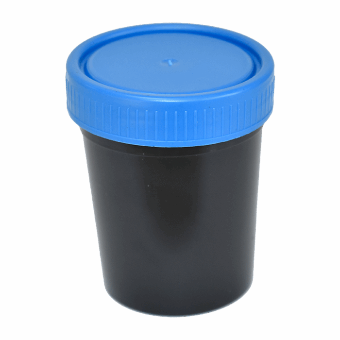 120ml Black Sample Container. Blue Cap. Polypropylene. Sterile