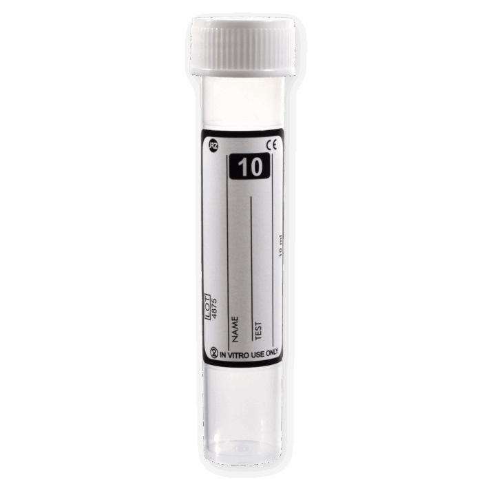 10ml Collection Tube. Labelled. White Screw Cap. Sterile