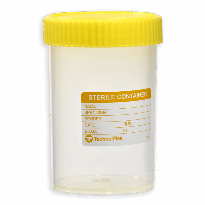 250ml Sample Container Labelled Yellow Cap. Polypropylene Sterile