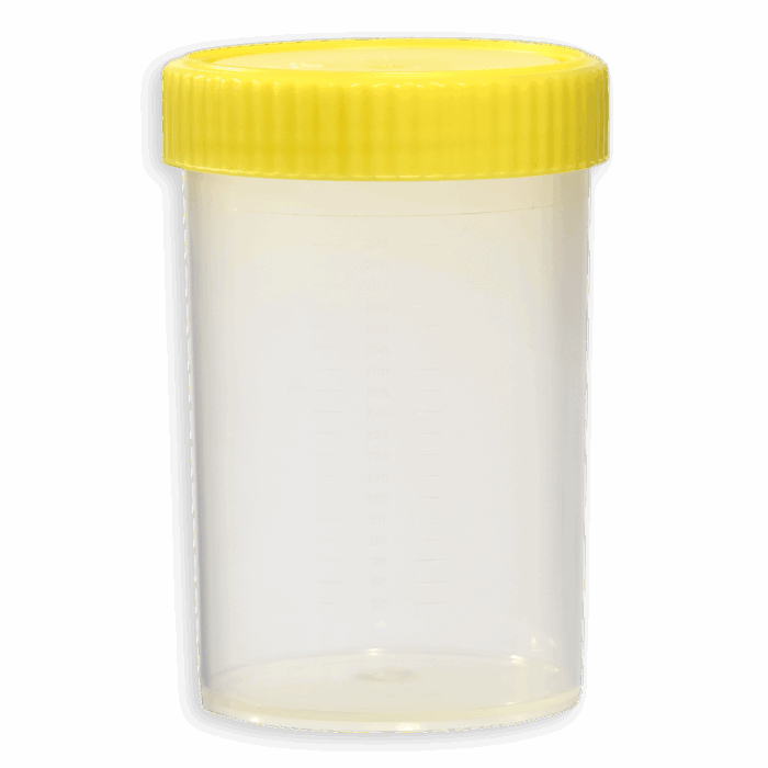 250ml Sample Container Unlabelled Yellow Cap. Polypropylene Sterile