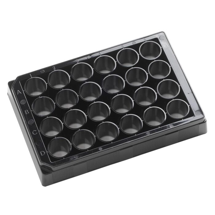 3.1ml 24 Well Plate with Lid. Glass Bottom. Black Sides. Individually wrapped. Sterile