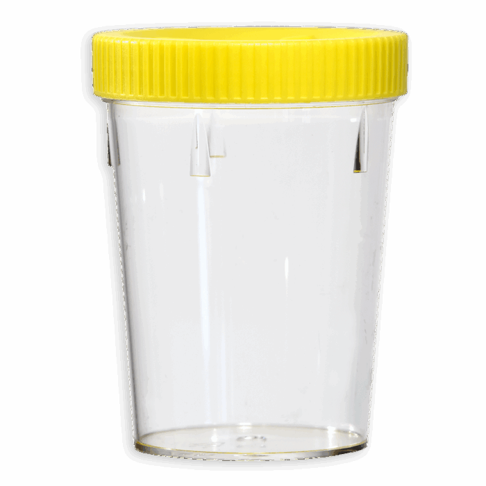 500ml Sample Container Yellow Lid. Polystyrene. Sterile