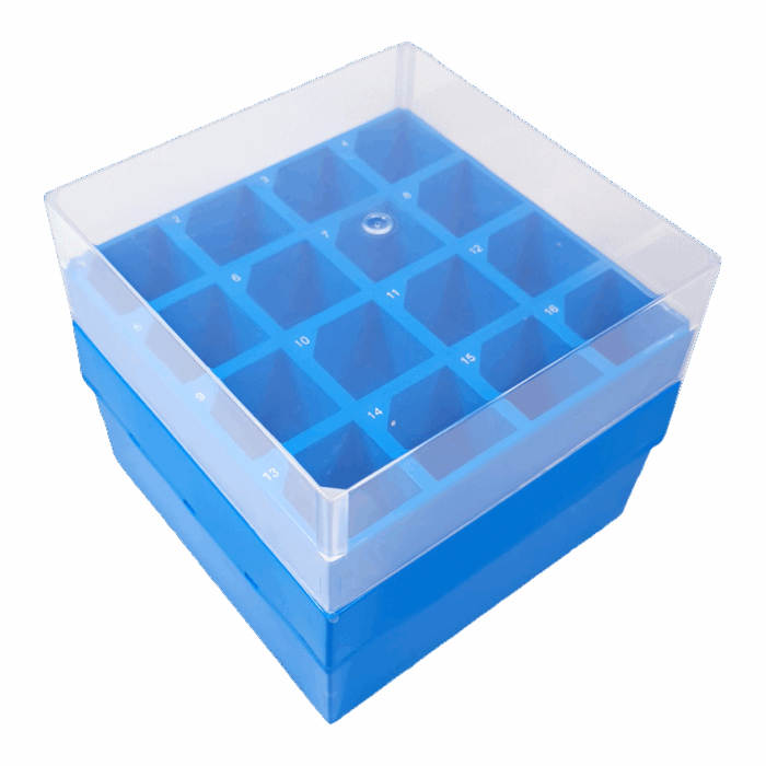16 Place Freezer Box. (-90°)for 50ml Tubes Polypropylene Slip Blue