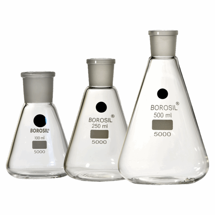 Erlenmeyer Flasks with Interchangeable Joint. Glass