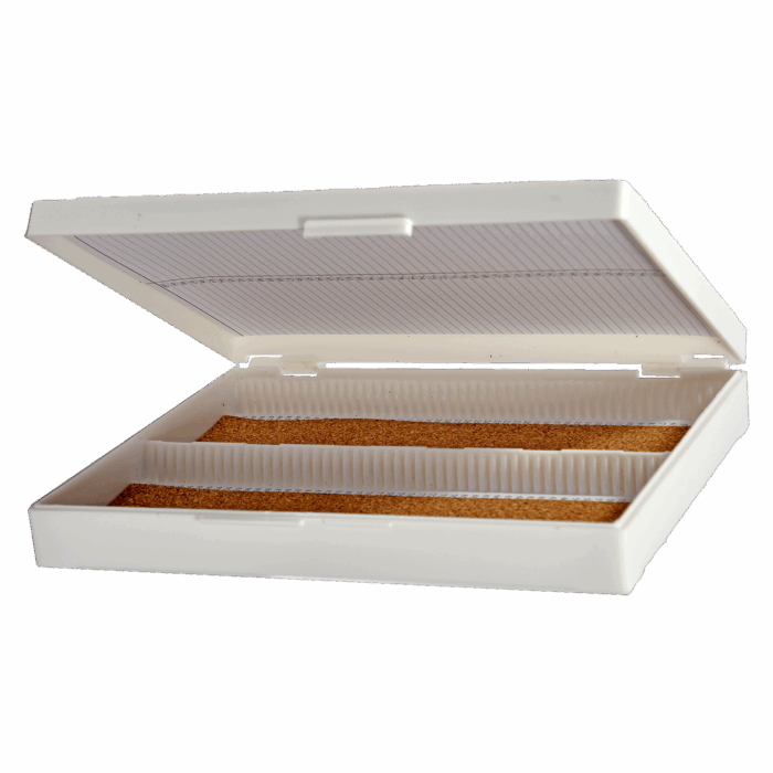 100 Place Slide Box. Buckled catch closer. Clip lid. White