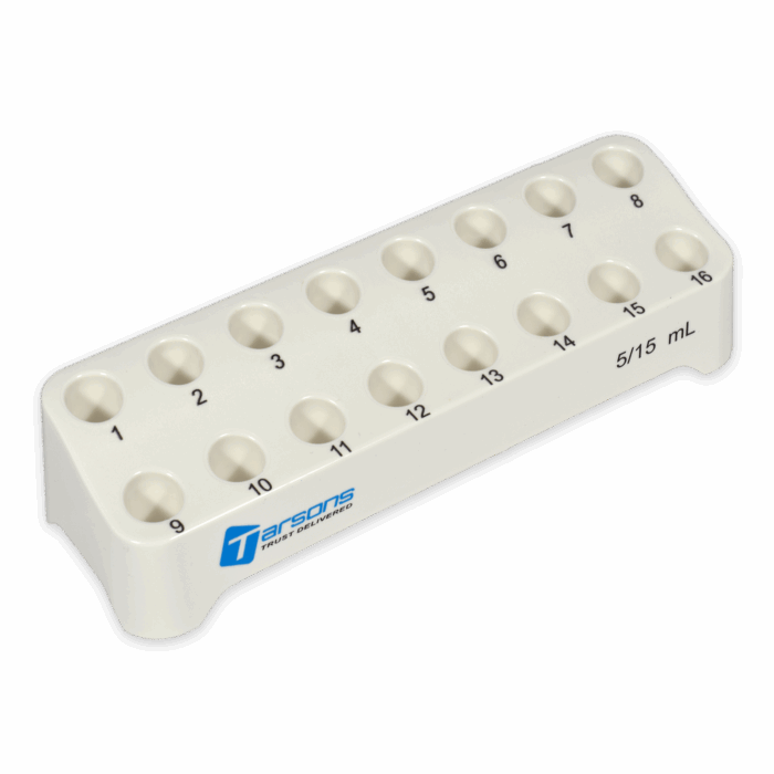 16 Place Tube Rack. Tiered. For 5-15ml Centrifuge Tubes. White