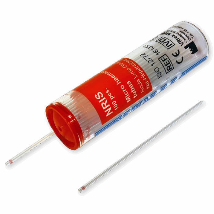 Micro Haematocrit Capillary Tubes. With heparin. Red Tipped