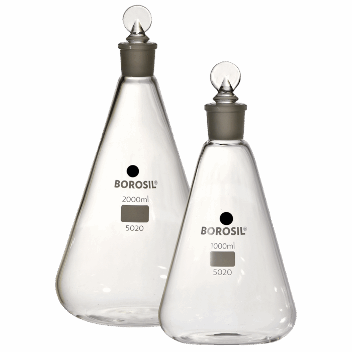 Erlenmeyer Flasks with Interchangeable Stopper. Glass