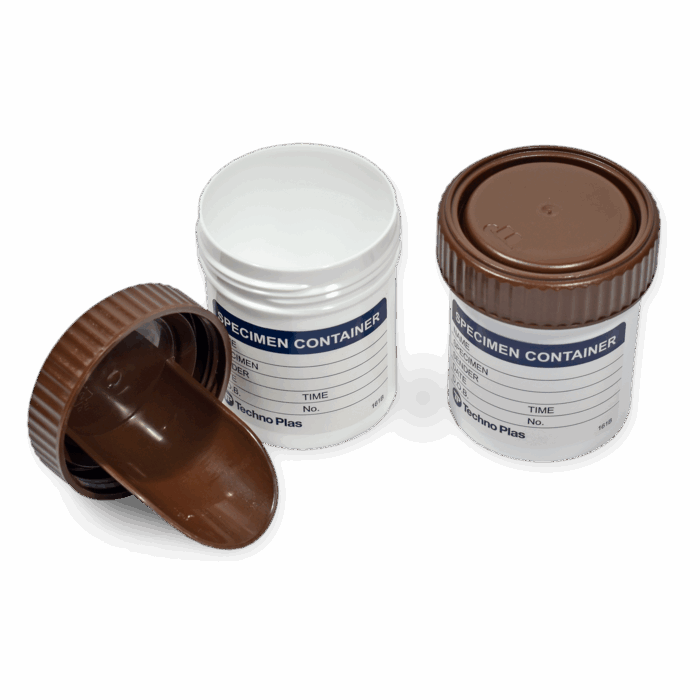 70ml Sample Container Labelled Brown Faece Capped. White Container. Polypropylene
