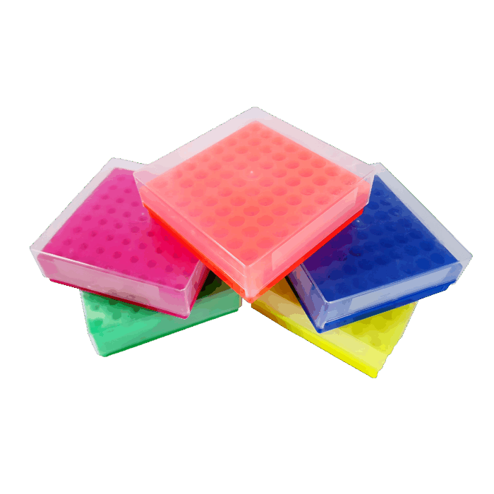 64 Place Reversible Rack for 0.5-2.0ml TubesWith lid. PP. Assorted colours