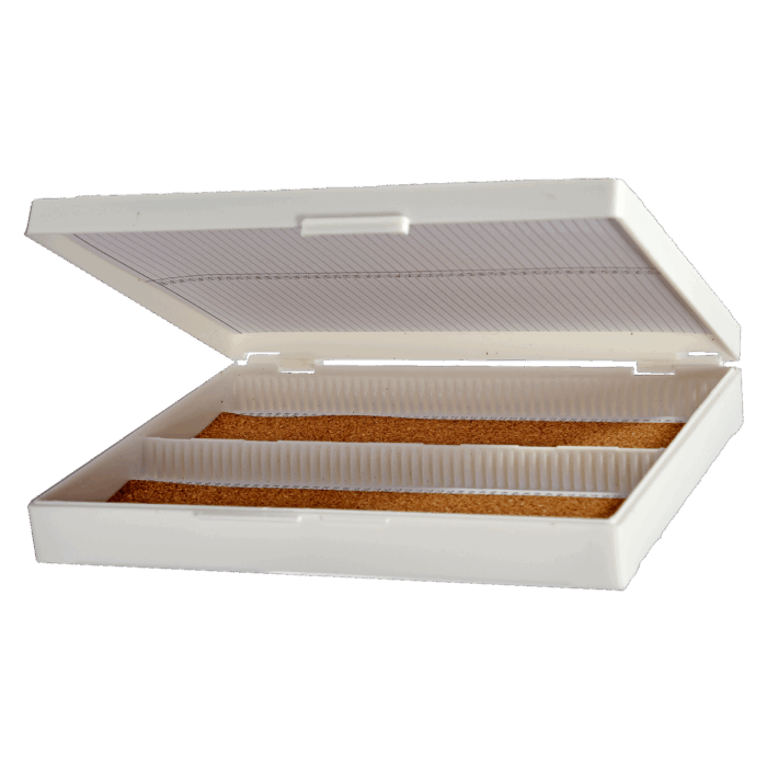 100 Place Slide Box. Buckled catch closer. Clip lid. White