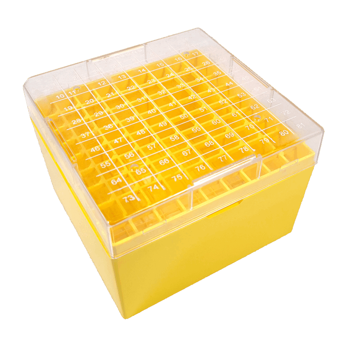 81 Place Freezer Box. (-190°c) for 4.5ml tubes. Slip Lid. Polycarbonate Yellow