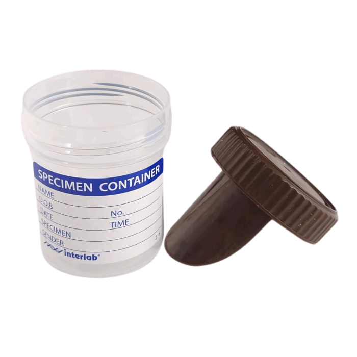70ml Stool Sample Container Labelled, Brown Faece Capped. CLEAR Container. Polypropylene