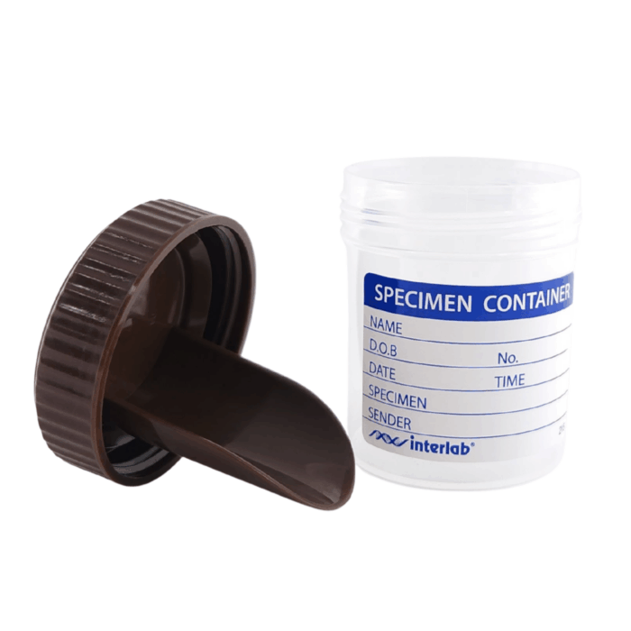 70ml Stool Sample Container Labelled, Brown Faece Capped. CLEAR Container. Polypropylene - Image 2