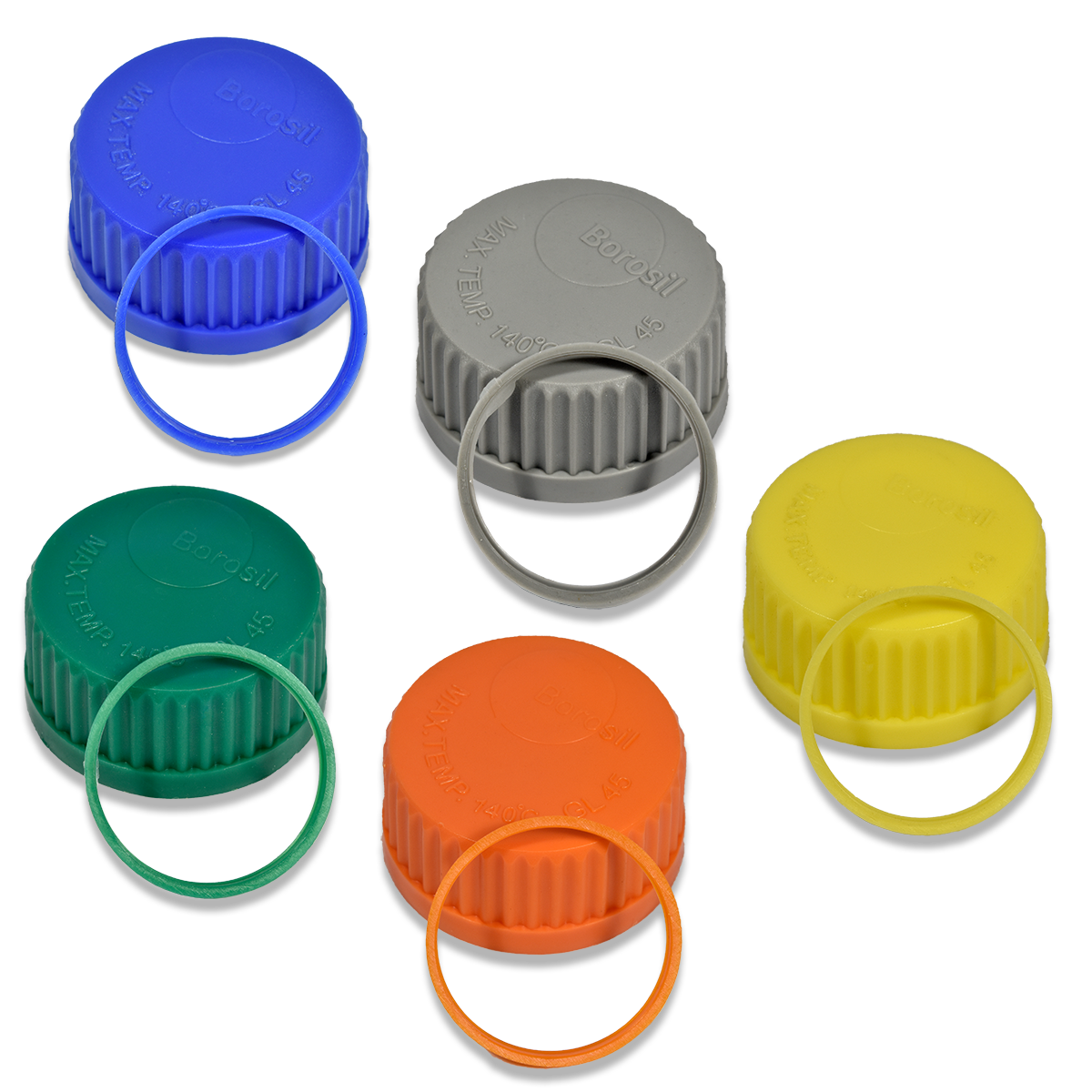 Colour-coded GL45 screw caps and pouring rings (blue, grey, green, orange, yellow)