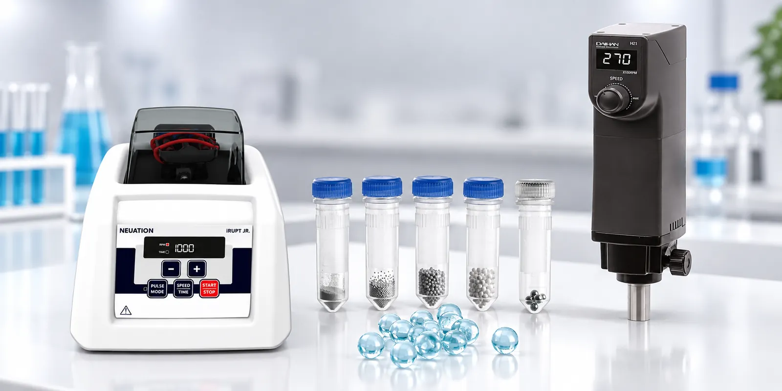 Sample preparation homogenisers and bead tubes on a laboratory bench