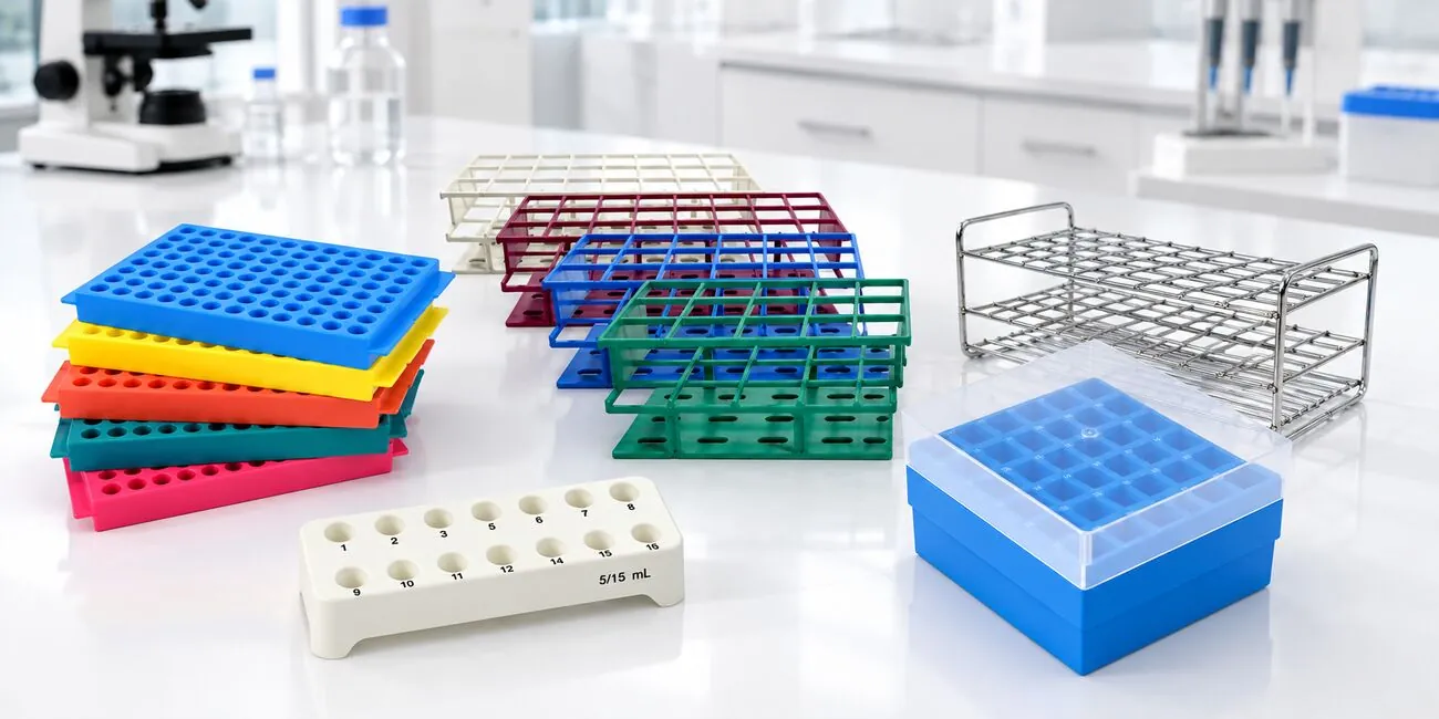 Interlab laboratory tube racks arranged on a clean white lab bench
